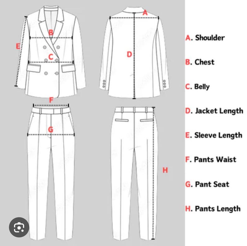 May include: Diagram of a suit with labeled measurement points. The diagram shows a blazer and pants, with lines indicating measurements for shoulder, chest, belly, jacket length, sleeve length, pants waist, pant seat, and pants length.