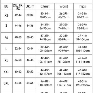 May include: Men's size chart with EU, DE/FR/ES, UK/IT sizes, chest (30-51 inches), waist (26-51 inches), and hips (34-52 inches) measurements. Includes sizes XS to 4XL, with corresponding centimeter measurements.