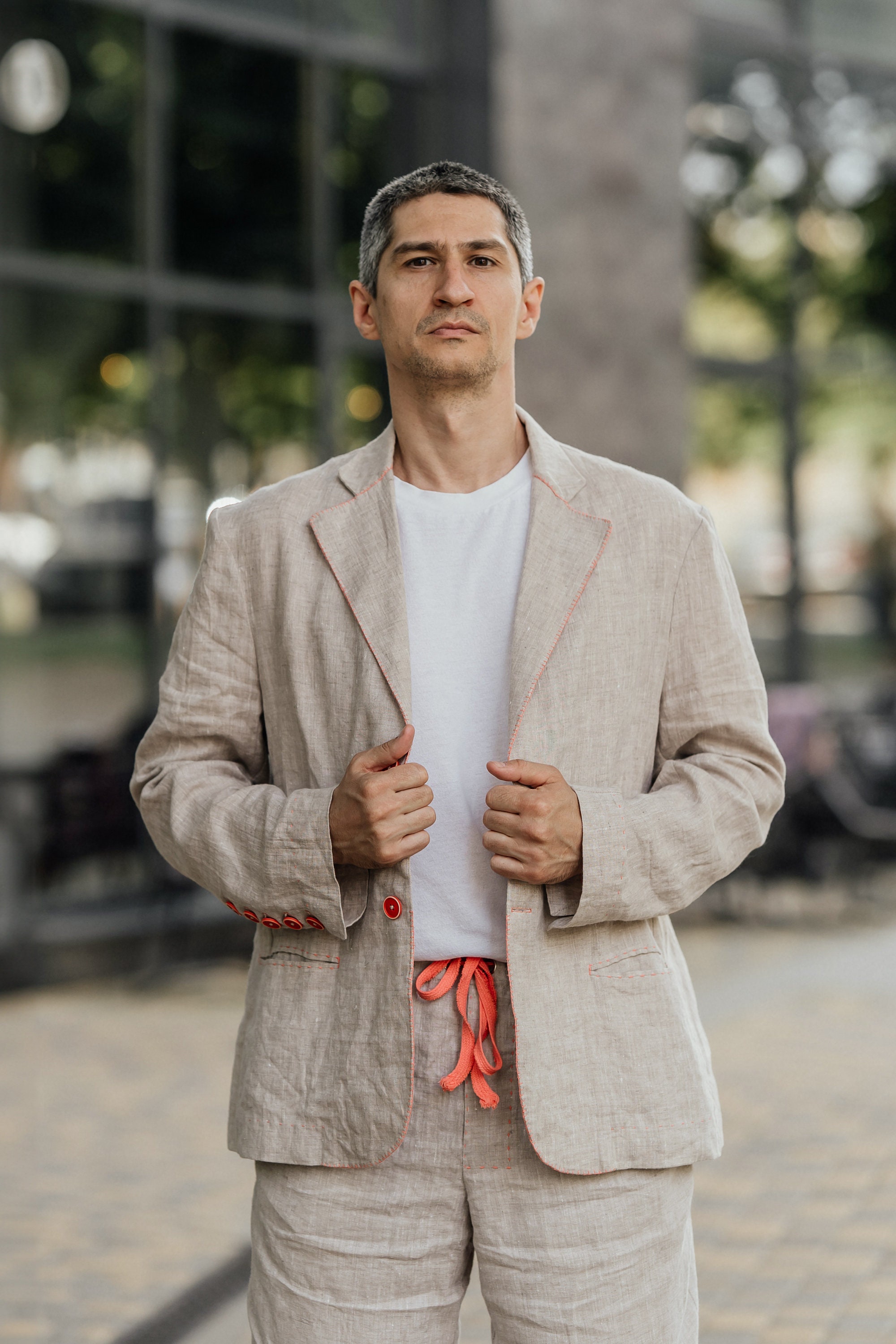 Custom Embroidered Linen Jacket - Beige Bohemian Blazer, Handmade
