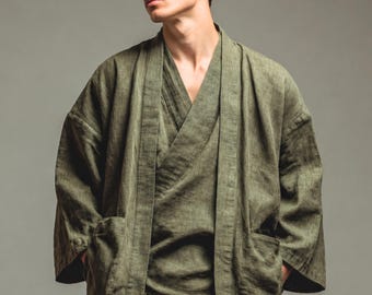 Ensemble kimono en lin 3 pièces pour homme, tenue de détente décontractée, tenue de spa de complexe