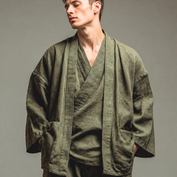 Men's 3-Piece Linen Kimono Set, Relaxed Lounge Wear, Resort Spa Outfit