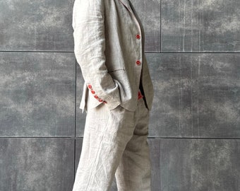 Custom Linen Suit For Men with embroidery - Buttoned Mens Linen Suit - Casual Mens Linen Suit - Simple Linen Mens Suit with elastic waist