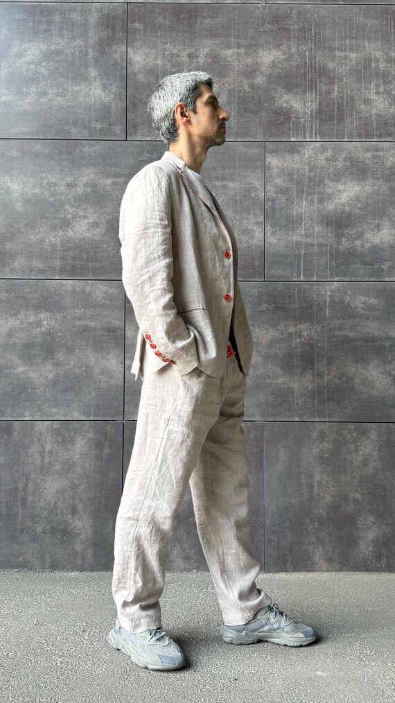 Custom Linen Suit For Men with embroidery - Buttoned Mens Linen Suit - Casual Mens Linen Suit - Simple Linen Mens Suit with elastic waist