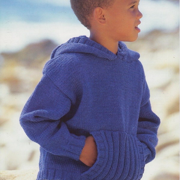 childrens boys girls hooded sweater with pocket ages 1 - 12 years double knit knitting pattern pdf instant download