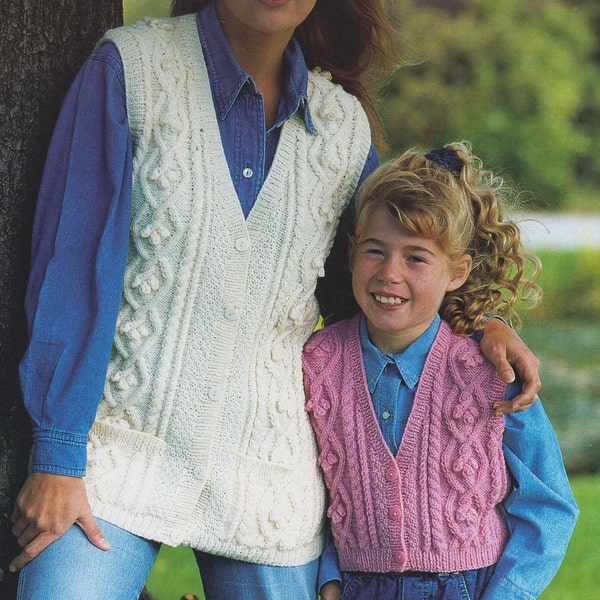 womens ladies boys girls cable panel waistcoats double knit knitting pattern pdf instant download