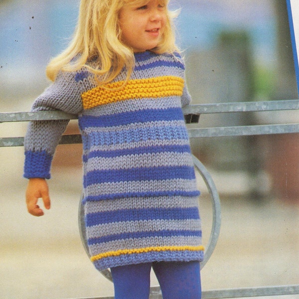 childrens girls easy knit beginners dress with garter stitch and rib bands chunky knit knitting pattern pdf instant download