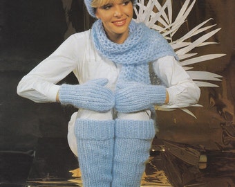 womens ladies easy knit hat scarf mittens and leg warmers chunky knit knitting pattern pdf instant download