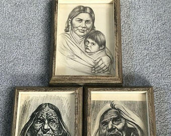 3 Native American Pencil Drawings Kusianovich Framed 1950s Madonna Child Elders