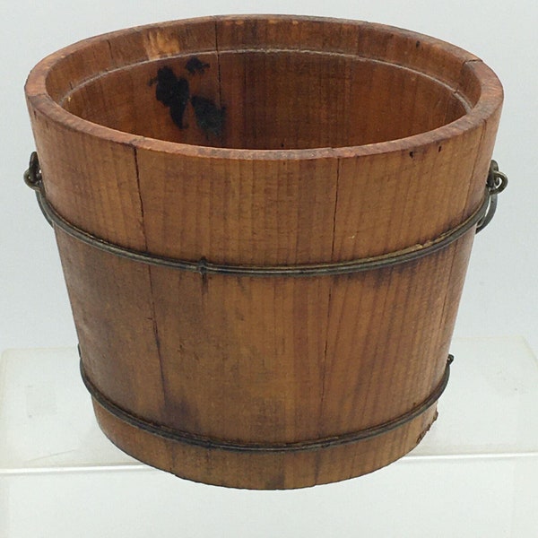 Vintage Primitive Wooden 8 Staved Pail Bucket Metal Bands Handle 4.5" Farmhouse