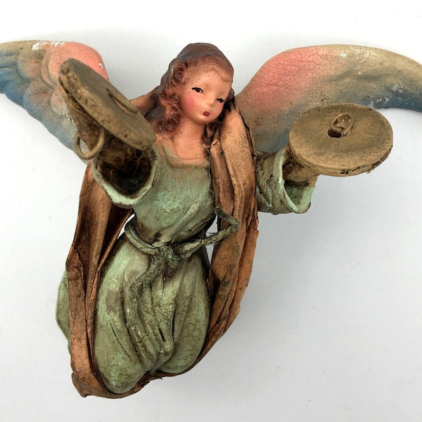 Vintage Cartapesta Italy Papier Mache 5" Angel w Cymbals Christmas Ornament