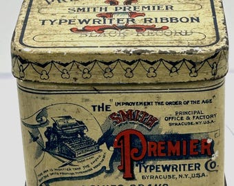 Antique Premier Brand Smith Premier Typewriter Ribbon Tin Box Graphics USA