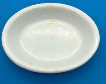 Vtg Gothic Ironstone White Chunky Stained Crack Soap Dish Farmhouse Oval Bowl