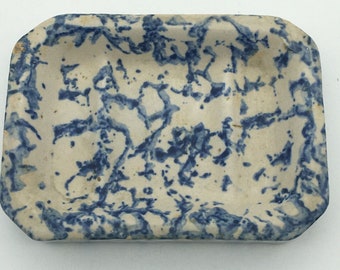 Vintage Blue White Stoneware Spongeware Soap Slab Chunky Dish Prim Farmhouse