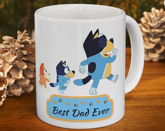 Bluey Best Dad Ever Becher, Bluey Vatertagsgeschenk, bluey Papa von 2 Geschenk, bluey Dadkaffeetasse, bluey Dad Geburtstagsgeschenk, niedlicher bluey Dad Becher