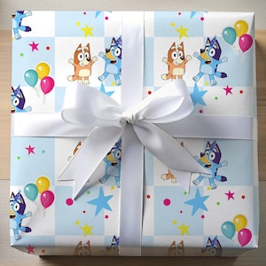 Bluey and bingo unisex birthday wrapping paper roll, bluey and bingo, bluey birthday party, bluey cartoon gift wrap, blue dog gift paper