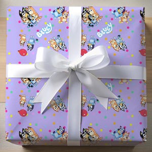 Bluey party supplies, Blue Dog Party Gift Wrap, Bluey Cartoon Dog Birthday, Bluey and Bingo Gift Paper, Bluey Purple, Gift Wrap Roll