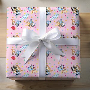 Wrapping Paper Roll, Blue Dog Party Gift Wrap, Bluey Cartoon Dog Birthday, Bluey and Bingo Gift Paper, Bluey pink wrap,Bluey Gift Wrap Roll