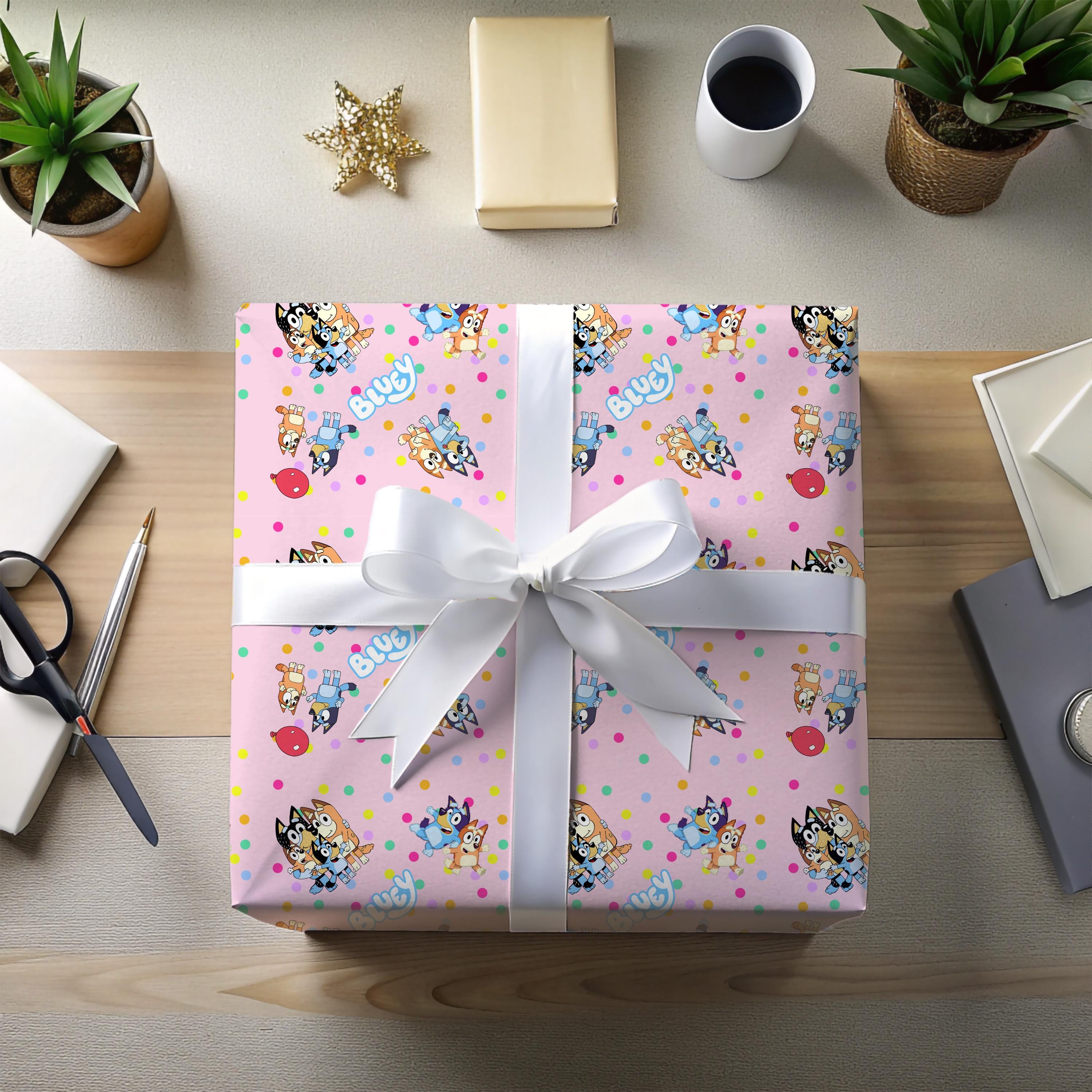 Bluey and Bingo Gift Wrap Roll: Cartoon Dog Birthday Party Paper