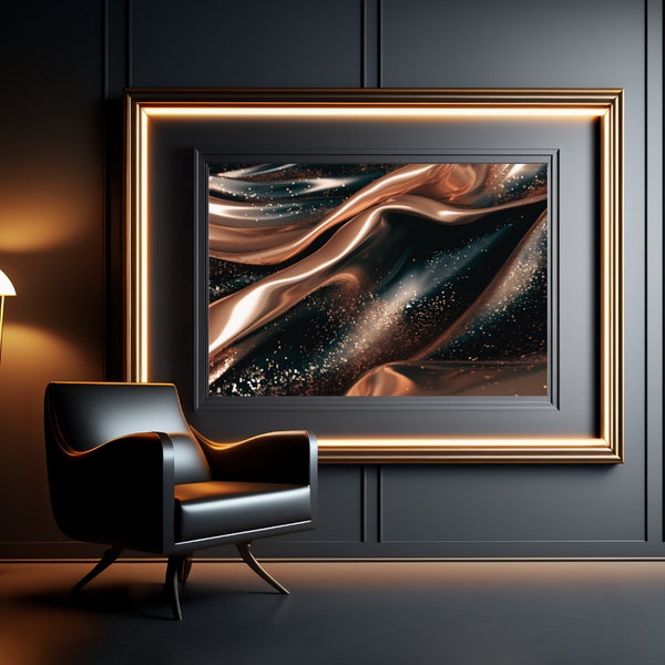 Minimalist Swirl Artwork-Elegant Neutral Black and Rose Gold Flowing Design, Digital Download,Modern contemporary Stylish Wall Decor, Unique