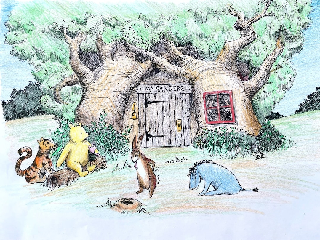 Winnie the Pooh and Friends at Pooh's House Watercolor Print - Etsy