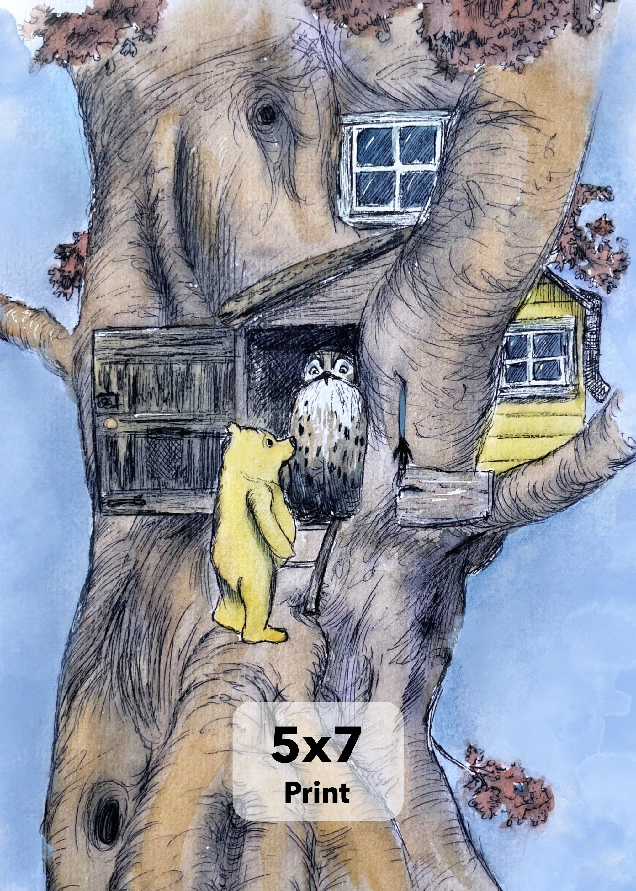 Winnie The Pooh and Owl at Owl's House Vintage Watercolor Print