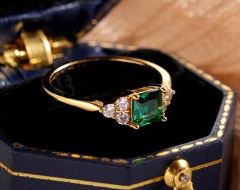 Smaragdgroene edelsteenring, 14K gouden verlovingsring, vintage geïnspireerde belofteringen
