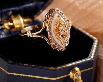 Vintage gouden filigraan diamanten ring, art deco-statementring marquise, ovale halo-kristallen ringen