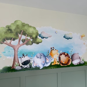 Adesivo de parede de animais de safári para berçário | Quarto | Sala de jogos | Adesivo de selva de safári | Mural de vinil de 1500 mm x 700 mm