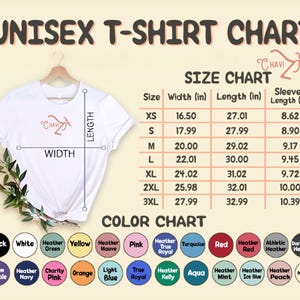 May include: Unisex t-shirt size chart with measurements in inches. The chart shows the width, length, and sleeve length for sizes XS to 3XL. A color chart shows a variety of colors for the t-shirt, including black, white, heather green, yellow, heather mauve, pink, heather true royal, turquoise, red, heather red, athletic heather, dark grey heather, team purple, heather navy, charity pink, orange, light blue, true royal, heather kelly, aqua, heather mint, heather ice blue, heather peach, and natural.