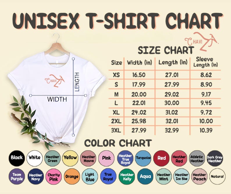 May include: Unisex t-shirt size chart with measurements in inches. The chart shows the width, length, and sleeve length for sizes XS to 3XL. A color chart shows a variety of colors for the t-shirt, including black, white, heather green, yellow, heather mauve, pink, heather true royal, turquoise, red, heather red, athletic heather, dark grey heather, team purple, heather navy, charity pink, orange, light blue, true royal, heather kelly, aqua, heather mint, heather ice blue, heather peach, and natural.