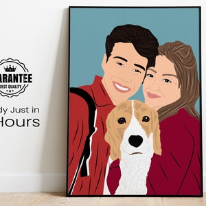 Family Portrait with Dog, Custom Dog Portrait, Cartoon Portrait, Pet Memorial Gift, Portrait From Photo, Gift For Couples, Faceless Portrait