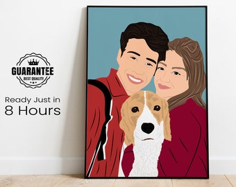 Portrait de famille avec un chien, portrait de chien personnalisé, portrait de dessin animé, cadeau commémoratif d'animal de compagnie, portrait d'après une photo, cadeau pour couple, portrait sans visage