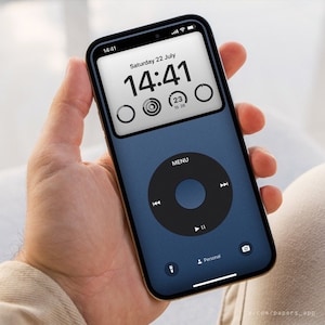 May include: A blue and white iPhone with a custom clock face and a blue iPod-style interface. The screen displays the time, date, and a menu with icons for personal settings and a camera.