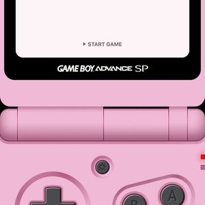 May include: A pink Game Boy Advance SP handheld gaming console with a black screen that reads "POWER ON" at the top left corner and "BATTERY FULL" at the top right corner. The screen also reads "START GAME" in the center and "GAME BOY ADVANCE SP" at the bottom. The console has a black directional pad, two black buttons labeled "A" and "B", and a black speaker with a grid of holes.