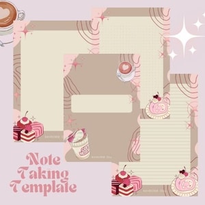 Pode incluir: Um conjunto de modelos de tomada de notas com um esquema de cores pastel suave. O design inclui ilustrações de xícaras de café, bolos e um copo de café para viagem. O texto "Note Taking Template" é exibido em uma fonte decorativa.