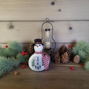 Hand painted gourd snowman with painted church art