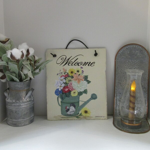 Slate hand painted farmhouse slate with watering can, rooster, summer garden flowers and Welcome