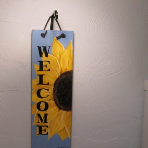 Hand painted wood sign Welcome with sunflower