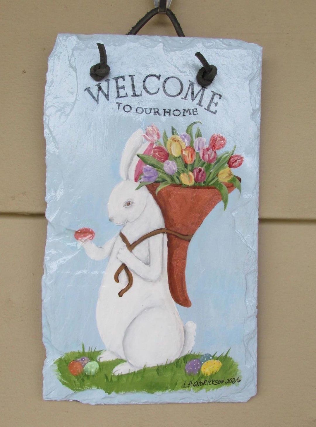 Slate Welcome to Our Home Painted Rabbit Caring Spring Flowers - Etsy