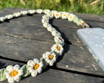 Crossbody phone bag strap lanyard, handmade macrame, universal case lanyard strap, floral, flower pattern crochet, daisy, flower, gift