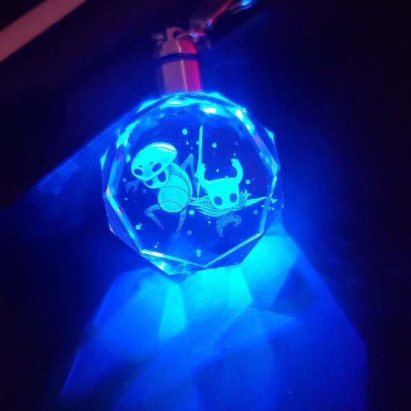 Hollow Knight and Quirrel Color Changing LED Premium Crystal Laser Engraved 2D Picture Keychain with Souvenir Gift Box & Battery