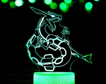 Custom Themed - Rayquaza Acrylic LED Color changing Night light with Premium base, wireless remote, USB cord! great lamp gift!