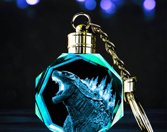 Charged Godzilla - custom and personalized - keychain!  LED Color changing K9 crystal keychain night light w/ Gift box & battery