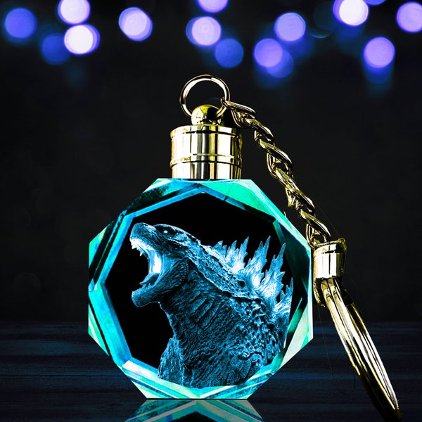Charged Godzilla - custom and personalized - keychain!  LED Color changing K9 crystal keychain night light w/ Gift box & battery