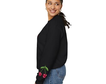 Unisex Heavy Blend™ black crewneck sweatshirt, black sweater, sleeves red cherry, unique gift