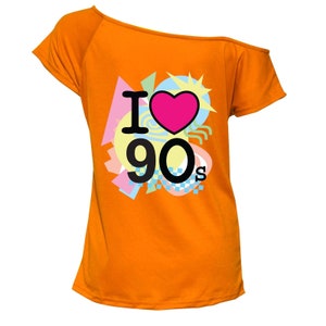 Damen I Love The 90s T-Shirt Off-The-Shoulder Casual Top Damen Kurzarm Fancy Retro Top Perfekt für 90er Jahre Classic Pop Star Party Top