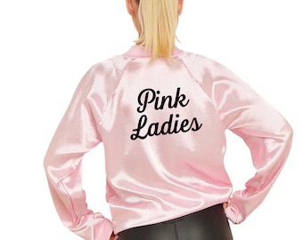 Pink Ladies Jacket Outfit Officially Licensed Women's Adult Long Sleeve Satin Pink Lady 1950s Grease Costume for Fancy Dress Parties