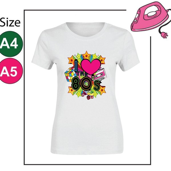 Retro Vibes Revived I Love 80s Vintage DTF 1980s Pop Star Party Decals for Iron-On Fabric T-Shirt Transfer Perfect For 80s Theme Party