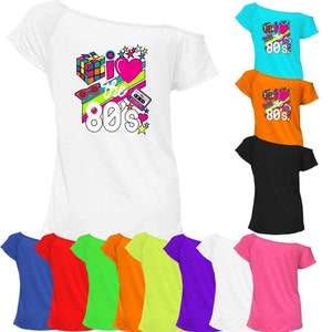 Women's Love The 80s Off Shoulder Neon Festive T-Shirt Ladies Short Sleeve Sexy Fancy Dance Party Retro Top Perfect For 80s Theme Parties