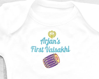 PERSONALISED My First VAISAKHI or LOHRI Embroidered Babysuit or Babygrow - Colourful Dhol Design Baisākhī